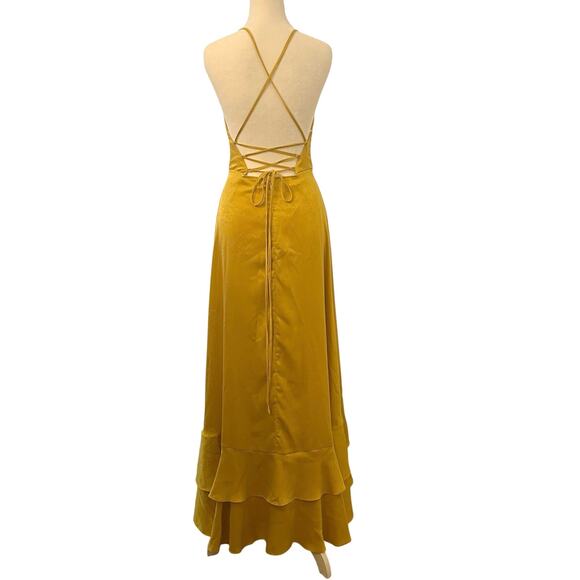 Lulus In Love Forever Maxi Dress Small Mustard Yellow Satin Formal Wedding Guest - Picture 8 of 15